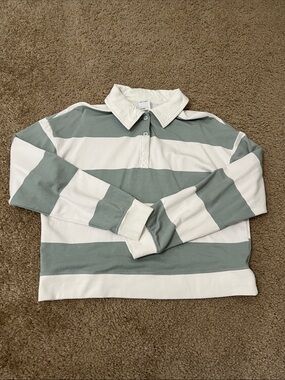 all in motion White Collar Rugby-Style Pullover with Sage Stripes